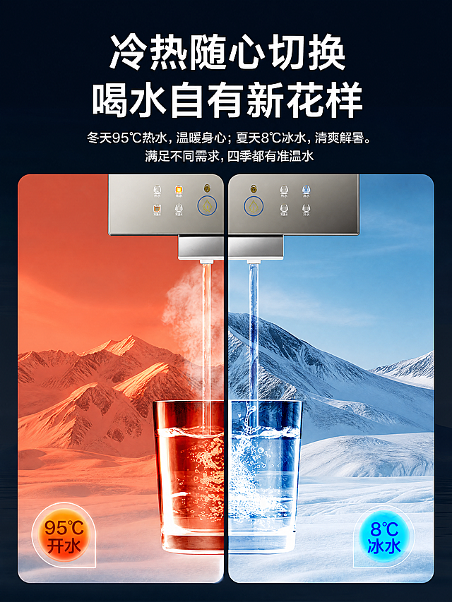 [主图] 云米管线机冷热切换功能卖点副图，原文案内容全部保留不变。
[调整要求] 根据750*1000像素尺寸重新优化排版，适配竖屏比例，让左右分栏和图文排版更舒展协调，信息展示清晰。
[氛围风格] 创意对比视觉，现代科技家电风格，冷暖对比氛围感
[画质] 商业摄影质感，超高清，画面干净通透，细节清晰
[元素] 保留左侧95℃热水红色暖山场景、右侧8℃冰水蓝色雪山场景，保留管线机出水和玻璃水杯元素，所有标注「95℃开水」「8℃冰水」完整保留，保持产品外观、水温颜色、场景色彩与原图一致，杜绝变形和色差。根据750*1000尺寸调整分栏比例和上下留白，让主体更突出。
[光影] 左侧暖调光影，右侧冷调光影，冷暖对比清晰，出水细节生动，水花和雾气效果自然
[配色] 保留原图左暖红右冷蓝的对比配色，深色背景衬托主体，文字白色醒目对比强烈
[文字版式] 完整保留顶部标题「冷热随心切换 喝水自有新花样」和说明文案，按竖屏尺寸调整行间距和页边距，排版舒适不拥挤，文字不遮挡主体，保证清晰可读。
[比例分辨率] 生成尺寸宽750像素，高1000像素，4K分辨率，文字清晰锐利，超高清
[负向提示词] 变形，水印，文字错乱，产品模糊，背景杂乱，色彩失衡，文字遮挡主体