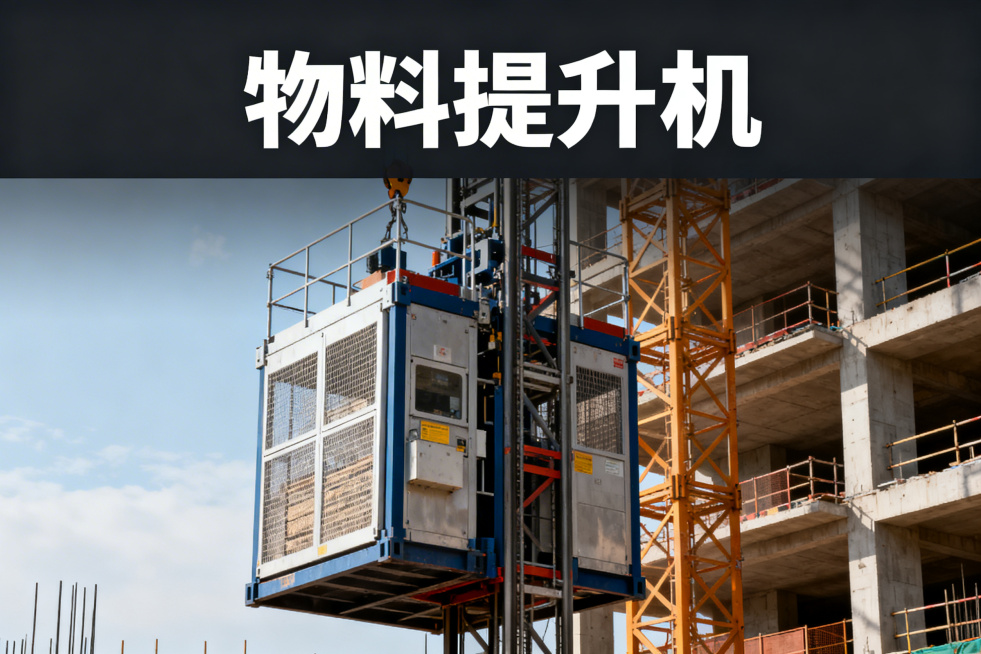 物料提升机封面，画面呈现物料提升机设备与工地场景，上方有"物料提升机"醒目文字，风格专业写实，无水印预览效果
