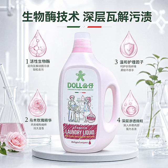 [主图-2] 核心功效亮点展示图
[氛围风格] 专业可信轻科技感，干净通透
[画质] 商业摄影质感，光线柔和通透，产品清晰真实，画面干净高级
[元素] 粉色瓶装公仔乌木玫瑰洗衣液居中放置，背景是浅灰白色简约实验室风格；保持洗衣液产品外观（物理结构、材质质感、颜色）与输入产品图绝对一致，杜绝任何变形和色差，精细化处理；围绕产品展示四个核心功效成分：活性生物酶、乌木玫瑰精华、温和护理因子、深层渗透微粒，每个成分用浅粉色水滴图标承载名称；商品主体占比60%，排版层次清晰
[光影] 均匀柔和顶侧光，清晰展示产品和成分细节，无死黑阴影
[配色] 主色调干净浅灰白，搭配产品粉色和浅绿点缀，清新专业
[视角构图] 平视中心构图，主体突出，分层清晰
[文字版式] 顶部大标题“生物酶技术 深层瓦解污渍”深绿色粗体；四个成分图标下方标注对应名称，小字说明功效，文字清晰易读，不遮挡主体
[比例分辨率] 1:1比例，4k分辨率，文字清晰可辨，超高清
[负向提示词] 变形，水印，文字错乱，产品图模糊，背景杂乱，文字遮挡主体