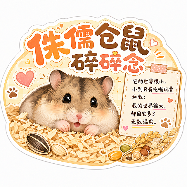 宠物主题异形贴纸，中心是卡通三线侏儒仓鼠在木屑上，边缘异形抠图贴合椭圆形轮廓，圆润大字主标题"侏儒仓鼠碎碎念"，暖色调，侧边小字补充"它的世界很小，小到只有吃喝玩耍和我；我的世界很大，却因它多了无数温柔。"，边角点缀瓜子、小谷物、爪印、爱心装饰，软萌可爱风格