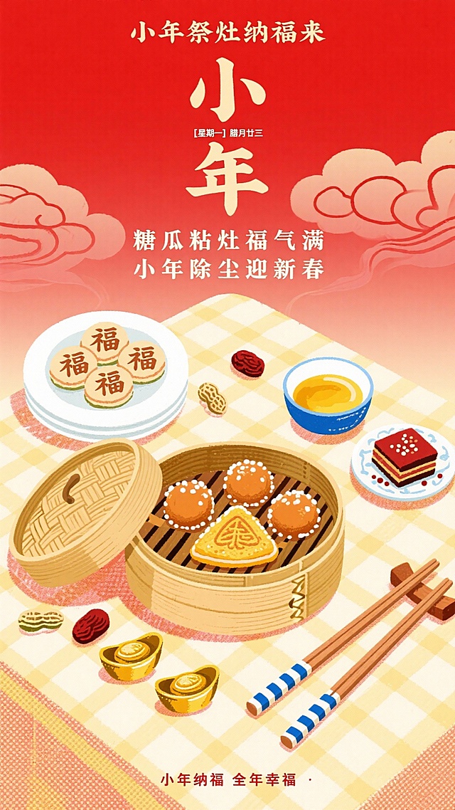 美食海报，俯视视角，正红渐变底色，背景半透明祥云装饰，桌面铺浅黄格纹餐布
文字排版：
画面上部：小号浅色文字“小年祭灶纳福来”；
画面中上部：大号加粗书法字体“小”，下方紧随“[星期一] 腊月廿三”（小字），再衔接大号加粗书法字体“年”；
 “年”字下部：两行宣传语“糖瓜粘灶福气满”“小年除尘迎新春”（居中排布，字体稍宽）；

食物布局：

餐布中央摆放竹制托盘（内装6颗圆滚滚糖瓜，裹着晶莹糖霜，颗颗分明），旁侧立半开竹蒸笼（露3块金黄灶糖饼尖角，笼沿沾少量糖霜）；托盘左侧叠放白瓷盘（装4枚糯米年糕，印红色“福”字花纹，摆成方形），右侧摆蓝边小碟（盛浅黄蜂蜜，碟边沾少许糖粒）；桌一侧放木质筷架（架着2双蓝白条纹木筷），另一侧摆迷你瓷碟（装小块红糖年糕）；桌面散落带壳花生与红枣，点缀2枚金色小元宝，整体契合小年祭灶、食糖瓜的习俗，节日氛围浓厚。画面最底部小字：小年纳福  全年幸福