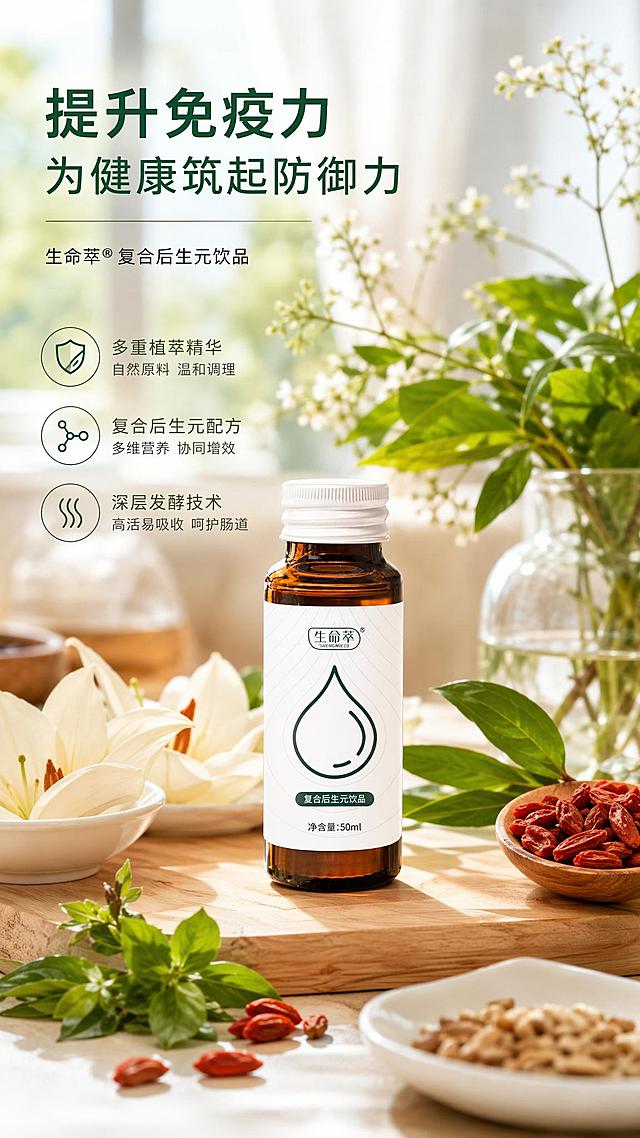 基于图中的生命萃复合后生元饮品棕色小玻璃瓶，生成提升免疫力主题的产品场景图，像真实摄影实拍一样自然。产品放置在明亮温馨的家居场景中，旁边有新鲜的草本植物、枸杞、百合等天然食材点缀，柔和的自然光，干净通透的画面，突出产品天然健康、提升免疫的品质感，高级商业摄影质感，细节清晰，光影真实