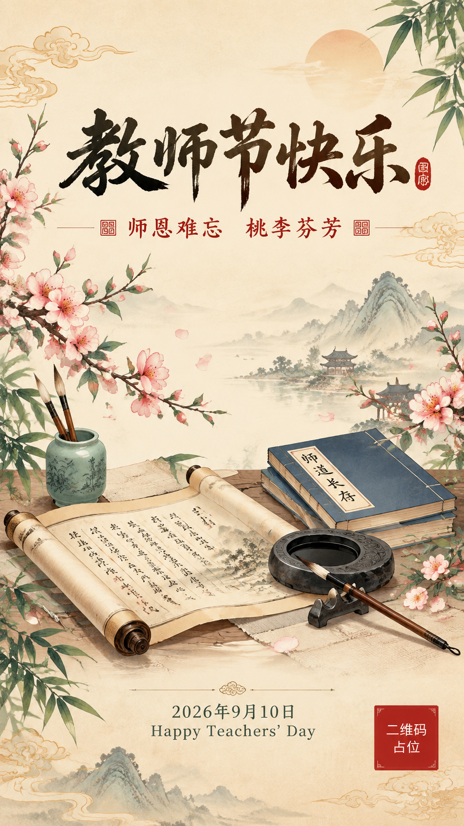国风新中式工笔风格教师节海报，竖版9:16，画面温暖雅致。背景… - 图片创意预览