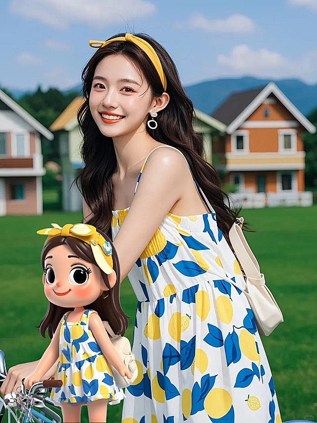 清新甜美风，卡通女孩与真人同框，轻拟物设计，夏日田园背景。