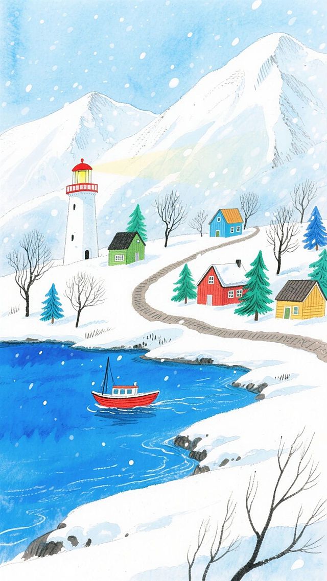 背景是一座积雪的高山，与飘着雪花的淡蓝色天空相融，中景是错落分布的彩色小屋，屋顶和地面都覆盖着雪，有几棵光秃秃的树木和几株蓝绿色的松树，有一条蜿蜒的小路，还有一座白色的灯塔带红色的塔顶，前景是一片蓝色的海湾，一艘红色的小船在水面上行驶，岸边的雪地纯净洁白，边缘露出一些枯树枝。