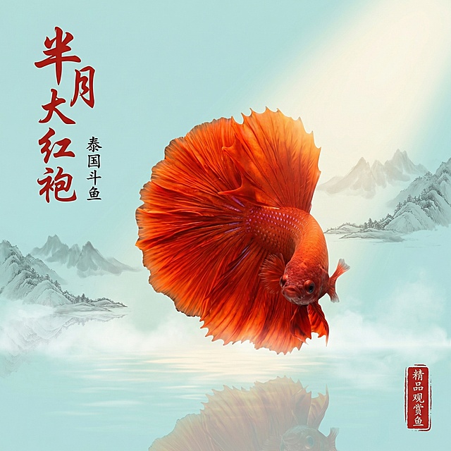 [主图 1 首图场景展示]
[主图主题] 泰国半月大红袍斗鱼展示首图
[氛围/风格] 国风意境水族风，雅致高级
[画面元素] 保留原图大红袍斗鱼完整外形，将斗鱼放置在带有中式水墨远山倒影的浅青色鱼缸背景中，水面氤氲雾气，一束柔光打在斗鱼身上，突出飘逸尾鳍，整体意境雅致，斗鱼主体居中占据画面60%区域
[配色色系] 主色调：浅青水墨色；辅助色：斗鱼火红橙红色
[视角构图] 平视中心构图，意境留白充足
[文字版式] 左上角书法字体“半月大红袍”红色，小字“泰国斗鱼”黑色；右下角印章效果“精品观赏鱼”红色文字，国风排版不遮挡主体
[比例分辨率] 1:1 比例，2k 分辨率