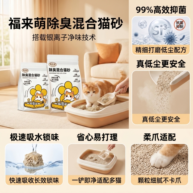 「图片1」产品名称：除臭混合猫砂
品类：猫砂
核心卖点：- 99%高效抑菌：搭载银离子净味技术，抑制细菌滋生，从根源减少异味滋生
- 真低尘更安全：精细打磨低尘配方，告别满屋飞灰，呵护人猫呼吸道健康预览效果