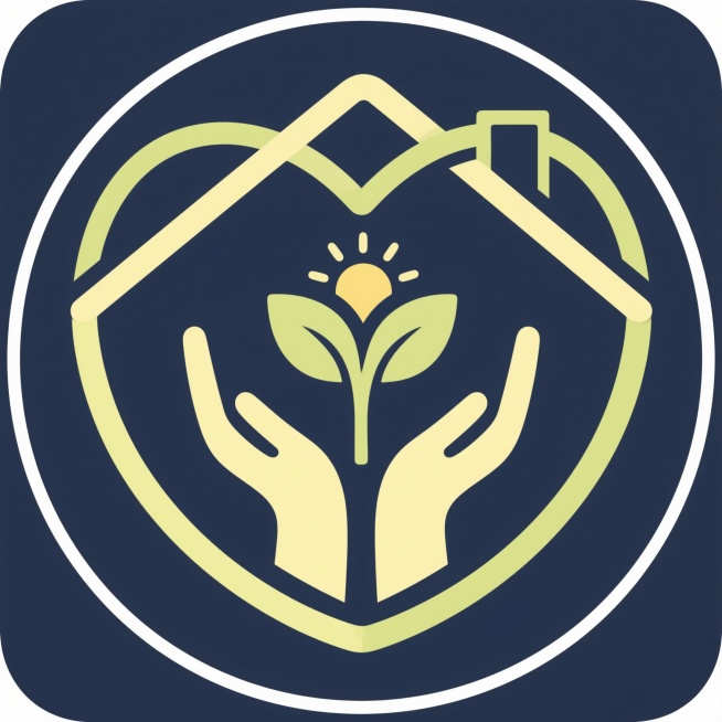 帮我创作一个养老APP的logo，使用柔和曲线、拥抱手势、家庭轮廓（如屋檐、双手托举），增加萌芽、树叶、夕阳等具有生命力意象的元素，主色与背景色明暗差≥70%（推荐深蓝+浅黄/浅绿）
简化图形：避免复预览效果