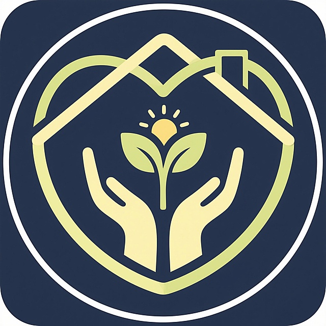 帮我创作一个养老APP的logo，使用柔和曲线、拥抱手势、家庭轮廓（如屋檐、双手托举），增加萌芽、树叶、夕阳等具有生命力意象的元素，主色与背景色明暗差≥70%（推荐深蓝+浅黄/浅绿）
简化图形：避免复杂细节，轮廓清晰可辨（如iOS「健康」App的简约心形）