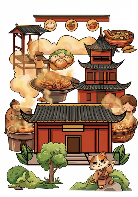 为这幅中式美食主题线稿上色，采用暖色调配色，传统中式建筑用朱红、深灰配色，食物用鲜亮的暖色系，树木和植被用清新的绿色，小动物用柔和的暖棕色，整体色彩浓郁和谐，充满烟火气预览效果