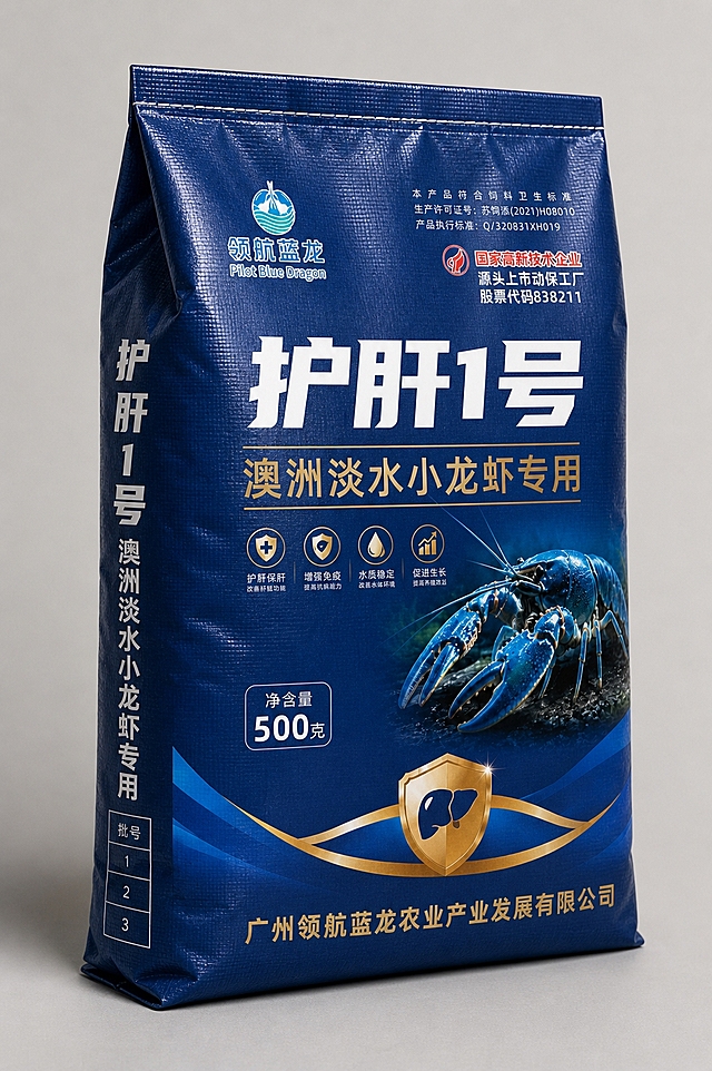 将护肝1号产品包装制作成立体编织袋效果，参考饲料袋的3/4透视样式。袋子呈3/4透视角度，可以看到正面和侧面，有明显的厚度和立体感，顶部有封口缝线。包装正面的深蓝色背景、"护肝1号"白色大字、"澳洲淡水小龙虾专用"、领航蓝龙LOGO、蓝色澳洲淡水小龙虾、金色肝脏盾牌、净含量500克、公司名称等所有元素完整地印在袋子正面，侧面印有竖排的产品名称文字。袋子材质为蓝色编织袋/覆膜袋质感，有自然的褶皱和光影。底部有柔和阴影，整体真实自然。