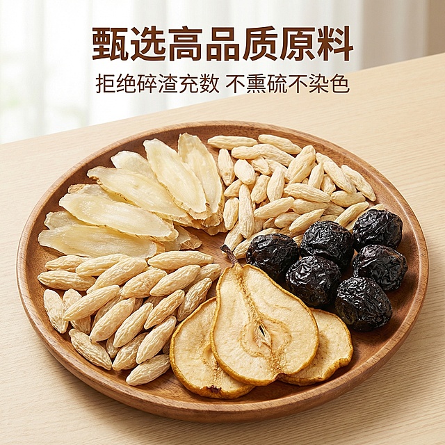 [主图主题] 玉竹生津茶原料展示图
[氛围/风格] 真实自然，健康品质感
[画面元素] 一整盘完整原料摆放在原木色盘子中，包括玉竹片、麦冬、雪梨干、乌梅，所有原料完整不打碎，清晰展示质地，背景为干净浅米色桌面，自然光柔和照射，突出每种原料的新鲜质感
[配色色系] 主色调：原木暖黄色，辅助色：原料自然原色，深色乌梅对比点缀
[视角构图] 俯视45度拍摄，食材占据画面中心大部分区域，背景干净
[文字版式] 主标题 "甄选高品质原料" 加粗深棕色居上，副标题 "拒绝碎渣充数 不熏硫不染色" 浅棕色，字体小于主标题。所有文字悬浮在画面上方留白处，不遮挡核心食材，排版清晰。
[比例分辨率] 2k分辨率