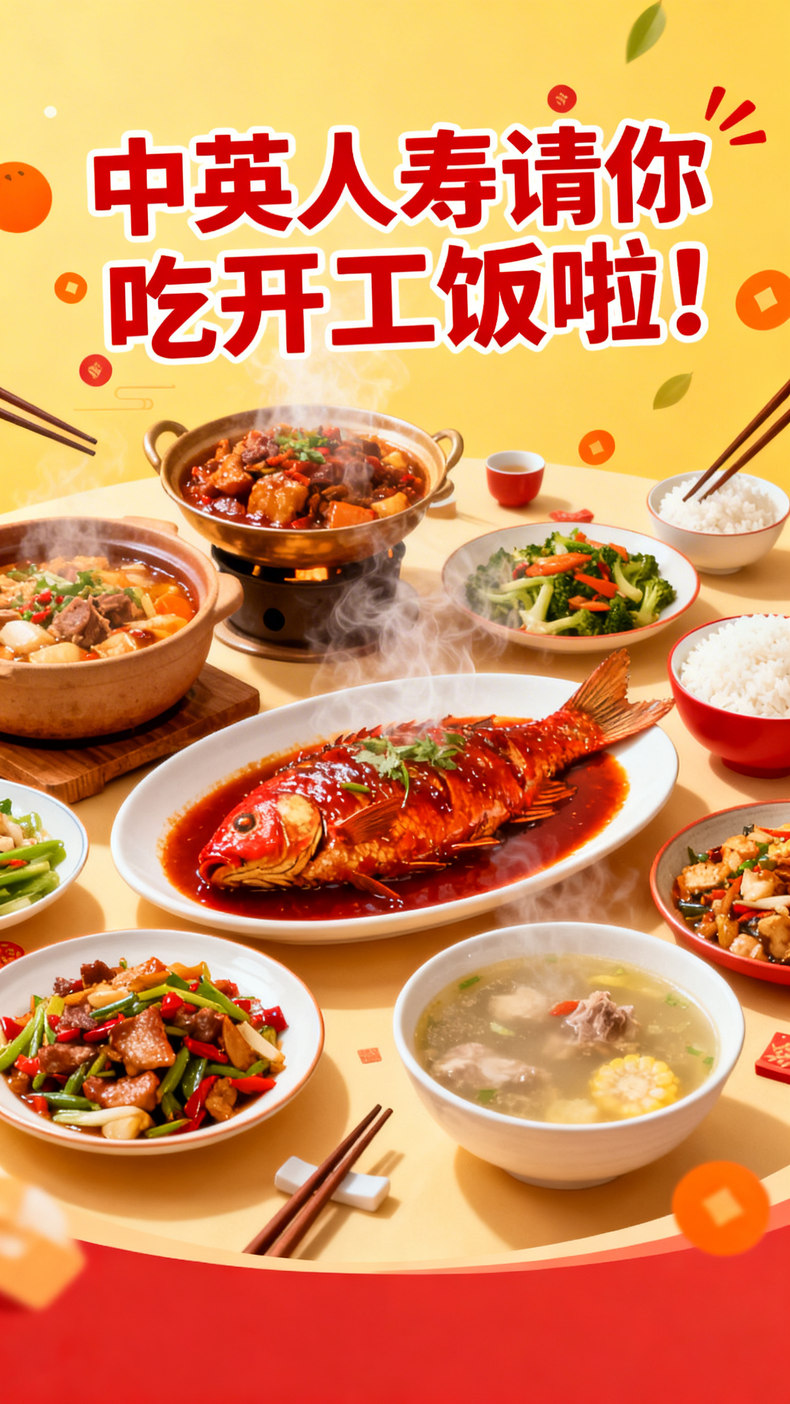 一张热闹喜庆的开工饭宣传海报，画面中有丰盛的美食，搭配活泼的文… - 图片创意预览