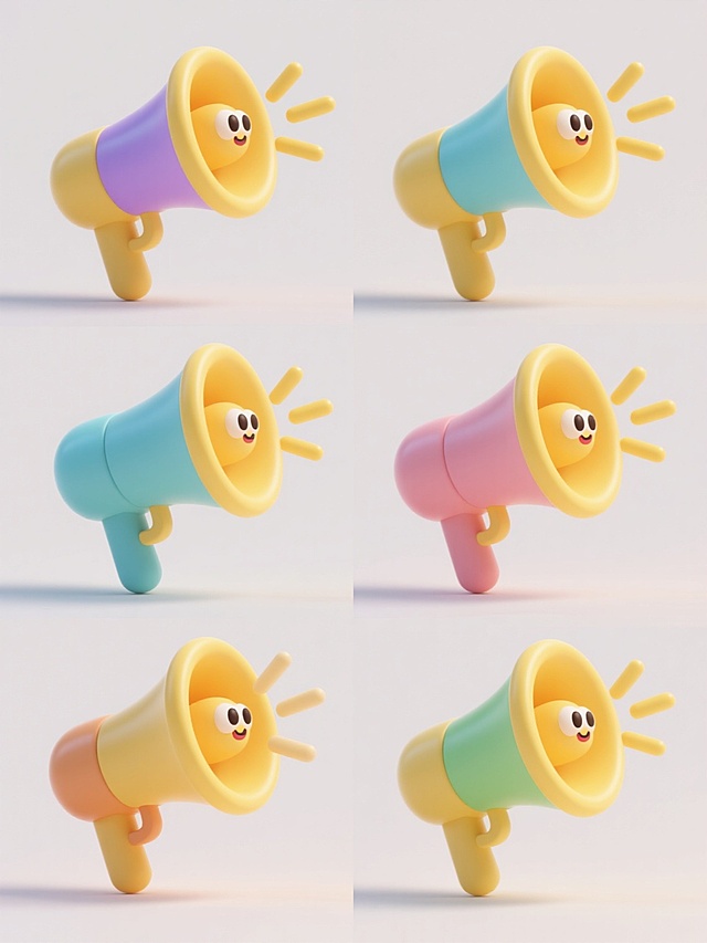 一套6张系列素材集合，每张素材均为规整排布的单一元素图案，保持简约现代的3D卡通风格，采用纯色背景，无任何文字、logo及水印。整体造型圆润可爱，具有光滑的塑料质感和柔和的光影效果，高光与阴影过渡自然，物体边缘有轻微的模糊处理以增强立体感。每张素材中改变喇叭的造型设计和颜色，喇叭主体为不同颜色的圆润扩音筒，搭配黄色的喇叭嘴和手柄，带有卡通化的眼睛和表情，以及黄色的声波线条从喇叭口向外扩散，保持统一的构图和视觉风格。