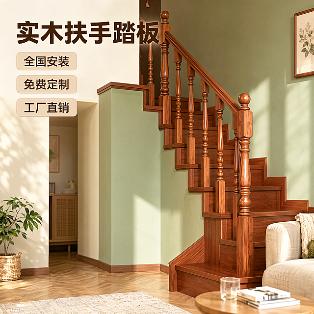 [主图-1] 实木扶手踏板电商首图，卖点为全国安装，免费定制，工厂直销。
[氛围风格] 原木治愈风，温馨自然家居氛围
[画质] 商业摄影质感，光线柔和通透，产品清晰真实，画面干净高级，4k分辨率，文字清晰可辨
[元素] 实木楼梯扶手和踏板主体展示在实际家居场景中，产品居中饱满，保持实木扶手和踏板的外观、物理结构、材质质感、颜色与输入产品图绝对一致，杜绝任何变形和色差，精细化处理。商品主体占比严格控制在60%-80%之间，画面满屏无边框。背景为浅奶绿色墙面和人字拼木地板，搭配简约客厅软装，营造自然温馨的家居氛围。
[光影] 自然光从侧面射入，形成柔和的光影对比，突出实木的温润质感，整体光线通透不灰蒙，高光不溢出，暗部有层次。
[配色] 主色调为原木暖棕色，搭配浅绿和米白背景，清新治愈。
[视角构图] 平视45度斜侧视角，景深适中，产品轮廓完整不裁切。
[文字版式] 左上负空间左对齐留安全边距，大字主文案“实木扶手踏板”，深棕色最大号粗体无衬线。下方三个卖点标签竖向排列：“全国安装”“免费定制”“工厂直销”，浅棕色背景深棕色文字，每个标签圆角处理，大小一致排列整齐，文字绝对不遮挡产品主体。
[比例分辨率] 1:1比例，4k分辨率，文字清晰锐利，超高清。
[负向提示词] 变形，水印，文字错乱，产品图模糊，背景杂乱，绝对化违禁词，遮挡主体