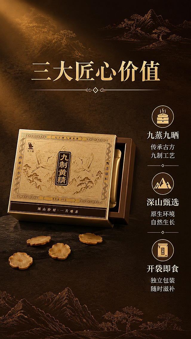 [第2屏 二次重制] 核心卖点-九千精九制黄精古方工艺与原料价值展示。本屏使用【图1】作为产品包装展示主体，严格保持原图横版抽拉礼盒的原始长宽比例、结构、浮雕仙鹤山水图案、边框纹样、九制黄精字样、九千精品牌标识、传承古方/甄选原料竖排文字、净含量40克、深山珍材一片难求底部条全部完全一致，绝对禁止竖版化、拉长、压扁、变形或包装文字错乱，礼盒必须是横版扁方形。
[氛围/风格] 东方文化质感，古法匠心氛围，暖棕金色调，商业摄影+信息图结合。
[元素布局] 画面中上部为横版金色抽拉礼盒正面全貌，礼盒水平横放于深色台面上，呈45°微俯视角度，礼盒占比约45%，严格保持原图横版扁方比例不变；礼盒右侧半拉开露出内部独立小袋一角，体现抽拉结构；礼盒下方深色台面上散落3-4片黄精切片；画面右侧为三大核心卖点图文区，从上到下均匀排列；背景为深棕色宣纸纹理，顶部和底部点缀淡金色山水线描图案；礼盒外观、浮雕纹理、文字排版、横版比例与输入产品图完全一致。
[光影质感] 左上方45°暖金色侧光打亮礼盒正面，金色浮雕有细腻金属反光，右下方有自然柔和投影，右侧文字区均匀布光，整体明暗过渡自然，文化感厚重。
[配色色系] 全局底色 #2B1D14 深棕；主色 金色 #C9A96E；辅助色 米白 #F5EFE0、赭石 #8B5A2B。
[视角构图] 45°微俯视斜侧视角，上半部分横版礼盒为主体，右侧竖排三大卖点，阅读动线顶部标题 → 中部礼盒 → 右侧卖点逐点阅读。
[文字版式] 顶部大标题「三大匠心价值」，金色宋体大字；右侧三栏卖点，每栏配圆形小图标+短标题+两行说明。第一栏「九蒸九晒」图标为蒸笼，说明「传承古方 九制工艺」；第二栏「深山甄选」图标为山峰，说明「原生环境 自然生长」；第三栏「开袋即食」图标为小袋，说明「独立包装 随时滋补」；卖点间用金色细横线+菱形分隔；全套字色金色+米白，宋体字形统一。
[比例分辨率] 9:16 竖版比例，4K 分辨率，文字清晰可辨。
[负向提示词] 礼盒变竖版，礼盒拉长压扁变形，横版比例错误，包装文字错乱颠倒，浮雕图案错误，品牌标识错误，出现极限词，罐装产品，水印，背景杂乱，结构错误。