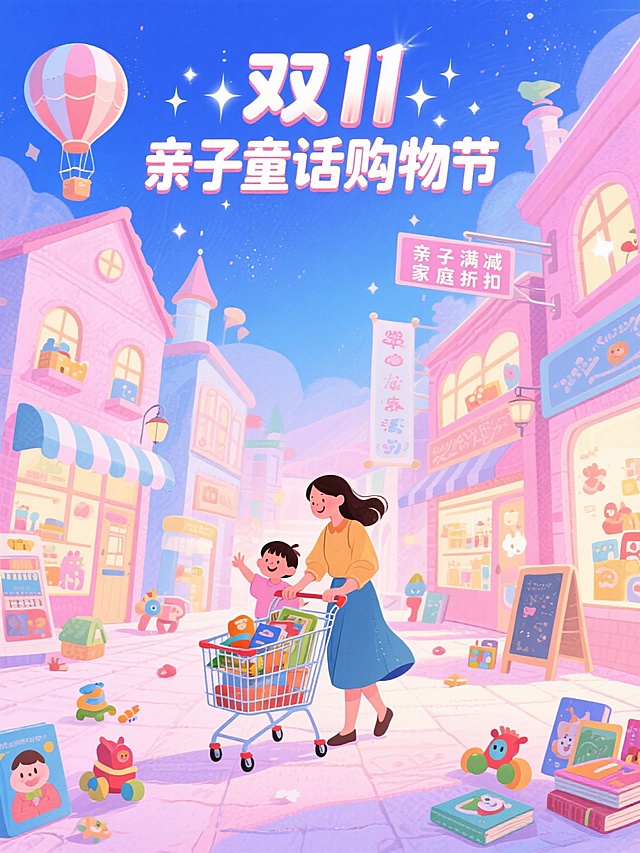梦幻粉蓝为基调的童话风购物街场景，画面核心是一对亲子推着装满商品的购物车，妈妈和孩子互动温馨，上方有立体艺术字“双 11 亲子童话购物节”并点缀星光效果，背景是童话风格的店铺和热气球，还有标语牌“亲子满减 家庭折扣”，周围散落着玩具、书籍等亲子商品，整体童趣满满，温馨欢乐