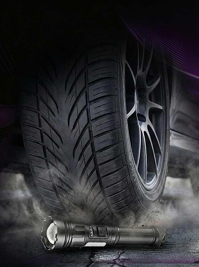 调整图片，让汽车轮胎呈现出即将碾压手电筒的状态，调整位置和透视关系，让整体画面自然协调，保留黑色手电筒、汽车轮胎、深色烟雾背景，保持产品质感清晰