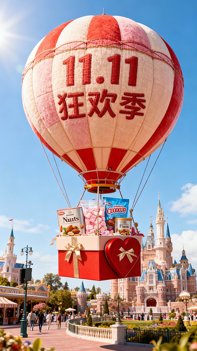 一个带有主体配色的大型热气球，吊篮为礼盒样式，礼盒里放着图中所有物品，气球上绣着醒目的“11.11 狂欢季”，背景为迪士尼游乐园场景，营造出活泼、精致的氛围。