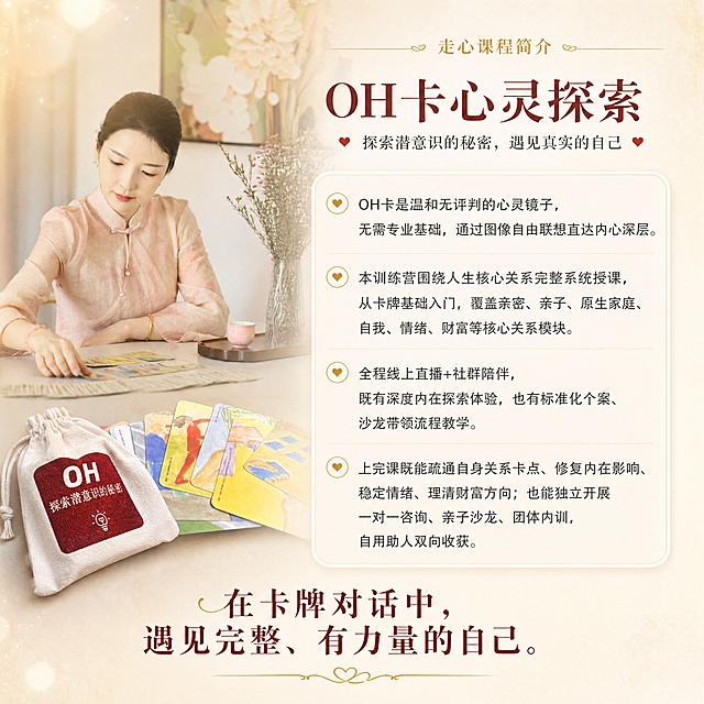 [商品] 使用【图1】OH卡卡牌与布袋、【图2】女性使用OH卡场景图；保留OH卡图案、布袋文字、人物原本样貌；人物和卡牌作为画面意境元素，自然融入背景。
[画面] 页面目标为走心课程简介，营造温暖治愈的氛围；左侧或背景为柔和虚化的OH卡与人物场景意象，右侧或前景为大段走心文字区；整体感觉像一封温暖的信，有呼吸感和留白。
[视觉] 套系策略：风格=温暖治愈系教育服务商业设计，柔和有质感；标题字=思源宋体粗体，优雅有力量；正文字=思源黑体，清晰易读；主色=暖豆沙红+米杏色；背景延展=基于米杏色做渐变层次、细腻纸张质感、柔和光晕；强调色=暖金色，仅用于小面积标签边框、图标和装饰线；标题色=深棕红；正文色=深暖灰；组件=圆角浅底信息卡、细金线装饰、柔和阴影；光影=左前侧暖柔光，整体明亮通透。
[文字] 顶部小标题"走心课程简介"；正文大段文字："OH卡是温和无评判的心灵镜子，无需专业基础，通过图像自由联想直达内心深层。本训练营围绕人生核心关系完整系统授课，从卡牌基础入门，覆盖亲密、亲子、原生家庭、自我、情绪、财富等核心关系模块。全程线上直播+社群陪伴，既有深度内在探索体验，也有标准化个案、沙龙带领流程教学。上完课既能疏通自身关系卡点、修复内在影响、稳定情绪、理清财富方向；也能独立开展一对一咨询、亲子沙龙、团体内训，自用助人双向收获。"；底部收尾金句居中加大字号"在卡牌对话中，遇见完整、有力量的自己。"；全部文字横向排版，段落分明。
[规格] 图片比例1:1方版，4K分辨率，负向提示：避免人物样貌改变、文字过小看不清、错字、冷色调、画面杂乱。