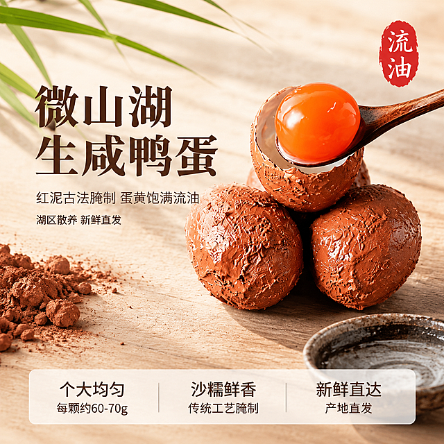 [主图-1] 微山湖区生咸鸭蛋食欲首图
[氛围风格] 自然质朴湖区农家风，温暖食欲感，京东品质稳重调性
[画质] 商业摄影质感、光线柔和通透、产品清晰真实、画面干净高级、超高清细节
[元素] 画面右侧主体为三颗红泥包裹的生咸鸭蛋堆叠摆放，其中一颗蛋壳被打开，木勺舀起一颗饱满橙红油亮的生蛋黄悬于上方，蛋黄表面光泽透亮，呈现诱人的橘红色泽。背景为浅米色质朴木质桌面，左上角散落几片新鲜芦苇叶与一小堆红泥，右下角放置粗陶小碟盛少许清水，呼应微山湖湖区产地氛围。保持咸鸭蛋外观（红泥粗糙肌理、蛋壳棕褐色、蛋黄橙红油润质感）与输入产品图一致，杜绝任何变形和色差，精细化处理。商品主体占比约65%，画面满屏无边框。
[光影] 自然暖阳侧逆光从右上方照射，蛋黄通透发亮，红泥表面有柔和高光，木质桌面有淡淡阴影，整体暖调，光比舒适，暗部有层次，无廉价HDR
[配色] 主色暖米棕（木质桌面+红泥蛋壳）；辅色橙红（蛋黄）；点缀色浅草绿（芦苇叶）
[视角构图] 45度斜侧平视，产品为视觉中心；前中后景分层，景深中等，亮部在蛋黄处引导视线，产品轮廓完整不裁切
[文字版式] 左侧负空间左对齐留安全边距，三行主辅文案不压产品外轮廓。大字主文案"微山湖 生咸鸭蛋"，深棕色最大号粗体宋体，厚重有质感；辅助短句"红泥古法腌制 蛋黄饱满流油"，约半高、同色略浅，细宋体；下方小字"湖区散养 新鲜直发"，更小字号。右上"流油"朱红印章式小标签留内边距。底部通栏极轻微半透明渐变蒙层均分三列，列内上短句下说明左对齐：列一「个大均匀」「每颗约60-70g」列二「沙糯鲜香」「传统工艺腌制」列三「新鲜直达」「产地直发」；上层短句同字号粗体，下层说明同字号常规，深棕字与浅底强反差，现代无衬线
[输出要求] 1:1比例，文字清晰锐利，画面超高清商业摄影质感
[负向提示词] 变形，文字错乱，产品图模糊，背景杂乱，水印，电商平台Logo，多余的手，畸形手，人物面部扭曲