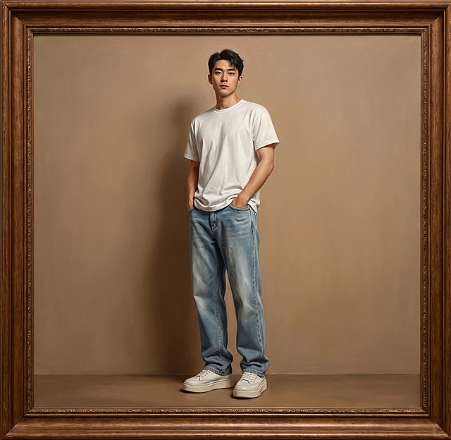 参考图中的服装，创作古典写实油画，年轻帅气的东亚男生，穿白色短袖T恤+复古浅蓝直筒牛仔裤+厚底小白鞋，双手插兜站立，浅棕色纯色背景，木框装裱，高清细腻，油画质感，整体油画场景为展厅类型