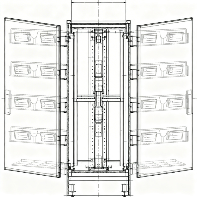 隔板主体剖视图，贯穿前后的标签插槽，两侧覆盖透明面板，插槽内有标识卡，工业机械绘图风格，清晰展示双面可视结构预览效果