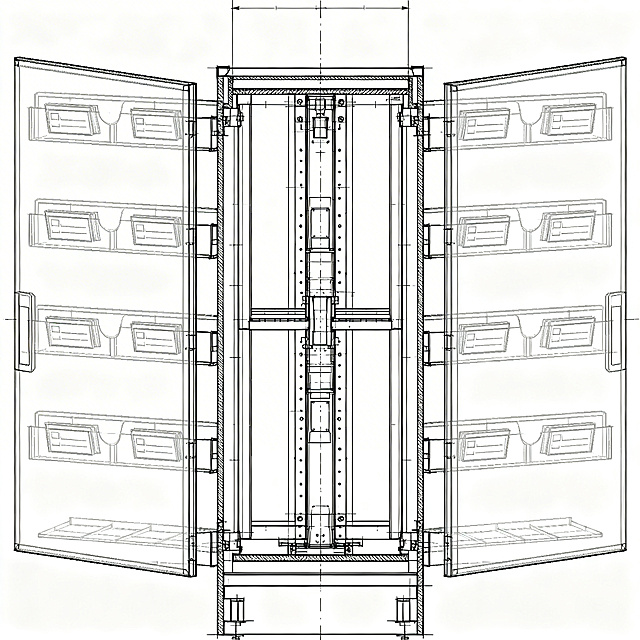 隔板主体剖视图，贯穿前后的标签插槽，两侧覆盖透明面板，插槽内有标识卡，工业机械绘图风格，清晰展示双面可视结构