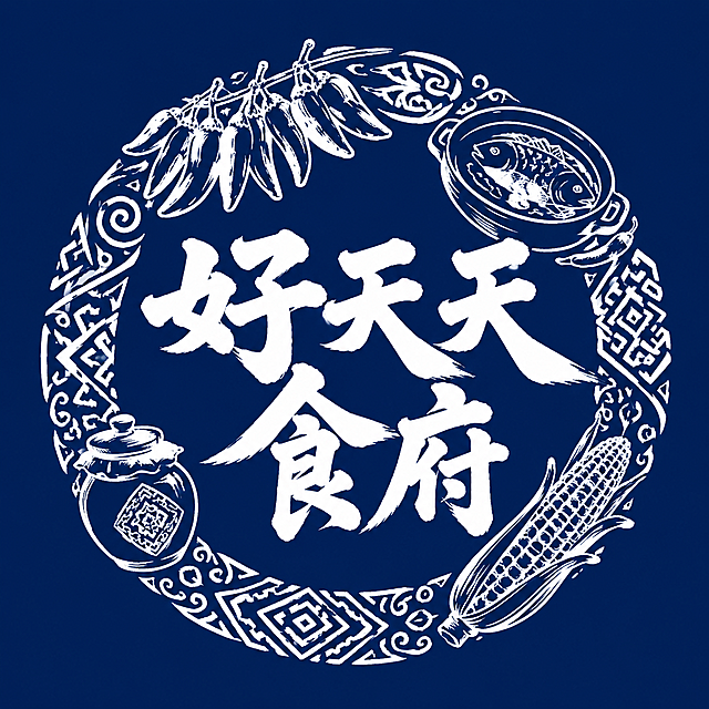 1:1 正方形餐饮LOGO，纯色深海蓝平整底色，白色水墨单线手绘纹样首尾衔接围成完整正圆形边框，圆环由贵州本土元素拼接：干辣椒串、老坛酸汤鱼、干玉米、迷你土泡菜坛、简约苗绣线条组合成环形，圆环正中是厚重粗犷毛笔书法大字“好天天食府”，整体极简中式篆刻风，白描矢量线条，干净无多余装饰，商用餐饮标识，高清细腻。不要写实照片、立体阴影、渐变颜色、卡通3D、杂乱杂物、水印logo、人物、彩色花纹、破损线条