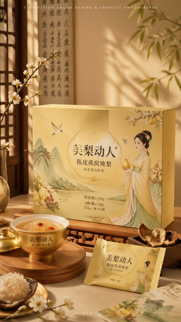 这是一张新中式国风食品礼盒的商业产品摄影作品，由「TINA VISION（天娜传媒）」拍摄，整体氛围温柔雅致，把东方美学和产品卖点结合得非常到位，我们来拆解细节：1. 核心主体与产品定位画面的主角是「预览效果