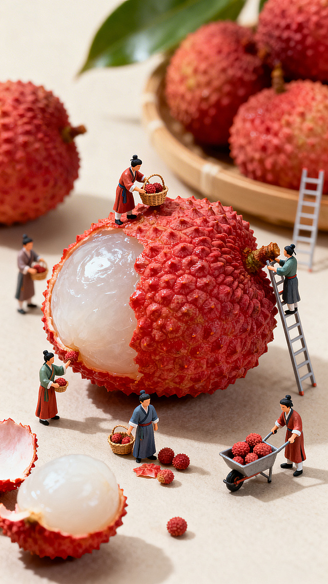 微缩艺术风结合中式感，以重拟物与浮雕手法呈现荔枝丰收场景，国潮元素融入趣味叙事，实景感十足，传递夏日节庆的鲜活气息。