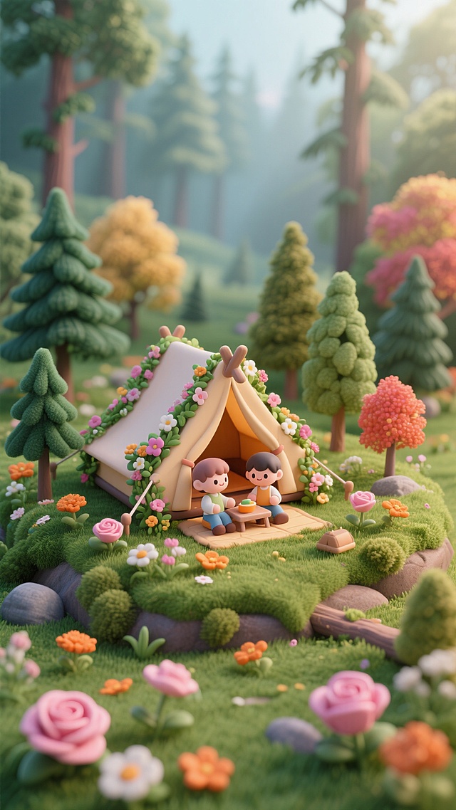 微缩景观风格的森林露营场景，画面中有一座被鲜花与绿植环绕的小型帐篷，帐篷内有两个微缩人偶在惬意地享受露营时光，周围分布着形态各异的树木（松树、彩叶树等），各色鲜花（粉色玫瑰、橙色小花等）点缀在草地间，背景是朦胧的森林景致，整体风格细腻且充满童话感，突出微观世界的露营惬意氛围，传递出治愈、梦幻的户外休闲形象