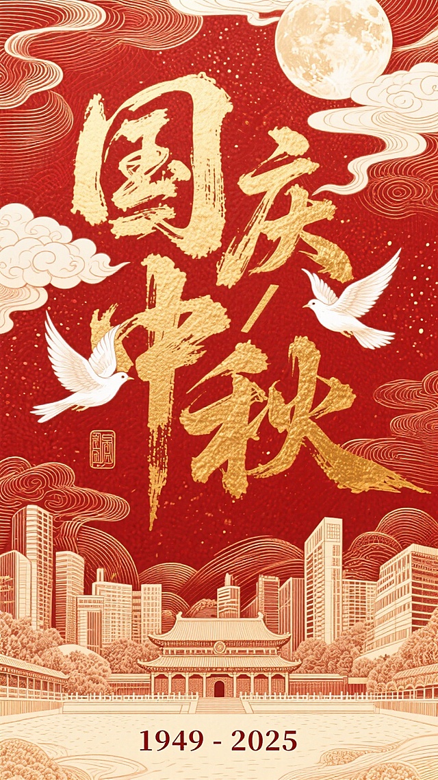 国潮风海报，鎏金大字“国庆中秋”跃然纸上，剪纸与浮雕手法交织，祥云、白鸽、明月点缀，红金配色尽显喜庆与中式韵味，融合传统建筑与现代城市，彰显民族自豪与节日欢庆。