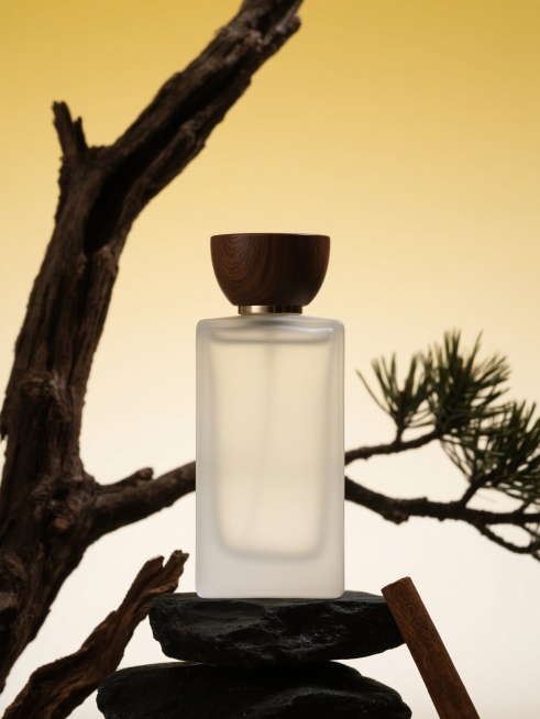 上面是黑色下面是黄色的渐变背景，一瓶透明磨砂质感的香水瓶身，木质瓶盖，放在黑色石片上，石片放在枯树干枝展台上，周围是松针叶和枯木和肉桂，静物摄影，商业摄影，高级摄影淡雅，艺术感，高级感，中式美学，极简预览效果