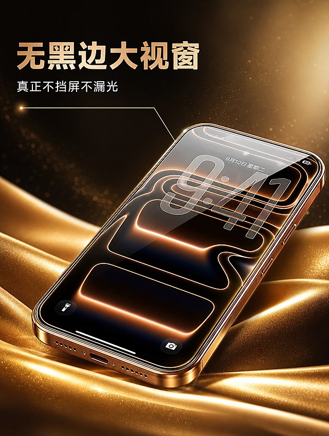 [商品] 使用【图1】中的手机钢化膜产品；保留手机金色边框、屏幕黑色底色配金色流光时间界面、钢化膜透明玻璃质感；产品为手机全屏钢化膜，真实贴合手机屏幕。
[画面] 页面目标：突出无黑边大视窗，全屏视野无遮挡。构图：左上文字区，右下主体区，手机呈30°斜俯角摆放，屏幕朝向左上方，产品占画面60%。前中后景：前景金色流光绸缎，中景手机主体，背景深色渐变带金色光晕。阅读动线：左上标题→手机屏幕→副标题。
[视觉] 套系策略：风格=黑金高端科技商业3D渲染；标题字=现代无衬线粗黑体；正文字=简洁无衬线体；主色=深邃黑+香槟金；背景延展=纯黑渐变底+金色流光绸缎+金色光晕粒子；强调色=香槟金，仅用于标题高亮、光效、边缘描边和图标；标题色=香槟金；正文色=浅米白；组件=黑金渐变圆角信息卡、金色细线引线、金色光效点缀；光影=右上金色侧逆光+底部金色反射光，产品边缘有金色轮廓光。
[文字] 左上文字区，主标题「无黑边大视窗」（金色大字），副标题「真正不挡屏不漏光」（白色小字），文字不遮挡手机屏幕主体。
[规格] 图片比例3:4竖版，4K分辨率，负向提示：避免变形、错字、文字过小、冷蓝色调、白底、产品颜色改变、黑边遮挡屏幕、画面模糊。