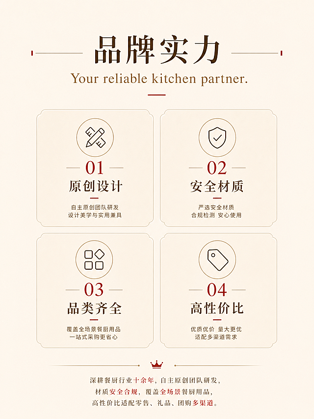 3:4竖版，极简商务轻奢风，背景纯色米白色，四大优势独立模块展示，搭配对应简约icon。顶部标题"品牌实力 | Your reliable kitchen partner."。四大核心优势：原创设计、安全材质、品类齐全、高性价比。辅助文案：深耕餐厨行业十余年，自主原创团队研发，材质安全合规，覆盖全场景餐厨用品，高性价比适配零售、礼品、团购多渠道。偏商务正式风格，凸显品牌硬实力，主色调米白色、暖杏色、复古红、浅棕色，排版简约干净，轻奢ins风。
