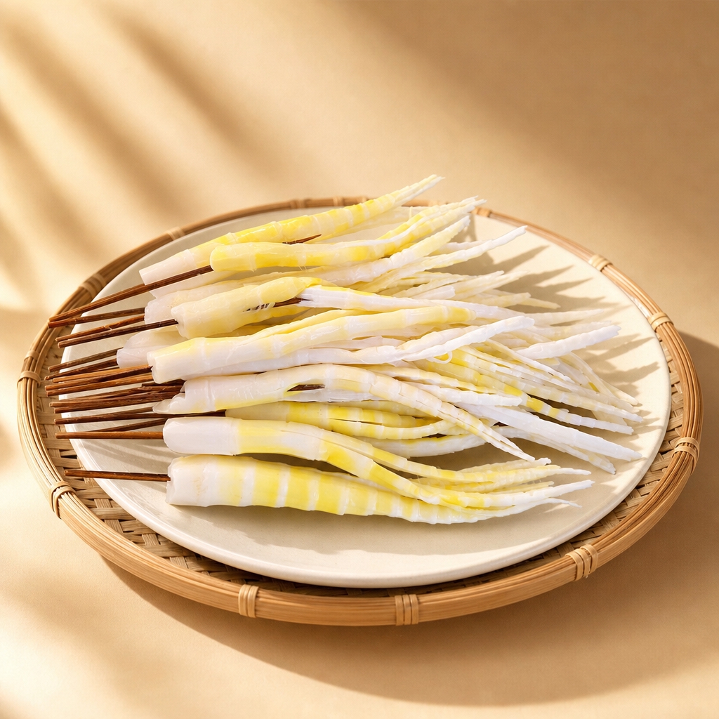 参考暖米色光影背景风格优化笋尖串：保留洁白至淡黄嫩竹笋尖、天然… - 图片创意预览