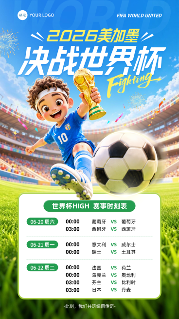 2026世界杯赛程宣传预告卡通风竖版海报预览效果