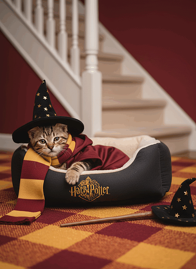 猫咪身着格兰芬多风格的巫师袍、条纹围巾，头戴带金星的黑色巫师帽，慵懒窝在印有 “Harry Potter” 标识的毛绒猫窝里，深红墙面背景，搭配白色楼梯、格兰芬多配色（红金黄）的格纹地毯，旁置巫师杖、巫师帽等道具