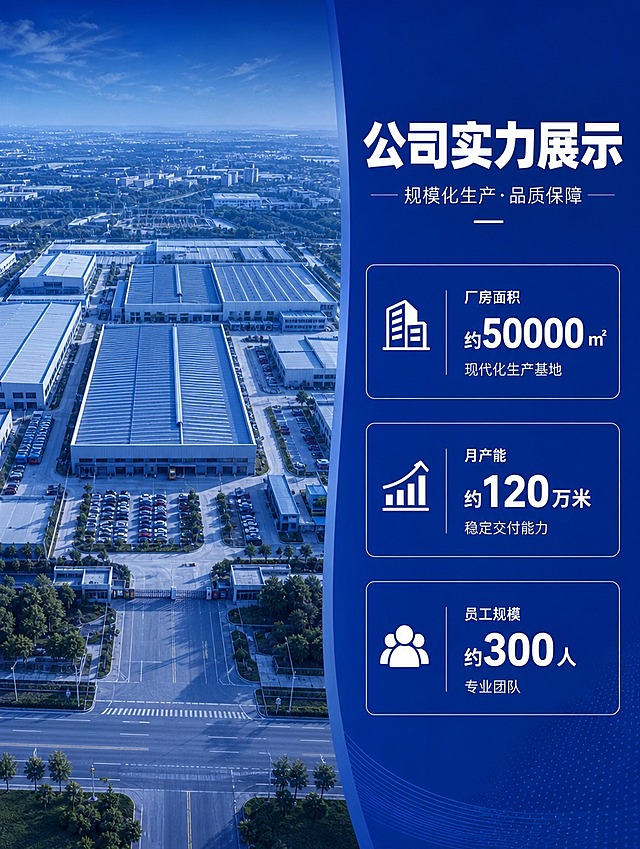 [商品] 无实物产品图，生成公司展示模块模板；画面为现代化大型工厂外景航拍视角，保留厂房建筑、仓储区、停车场、绿化的真实结构比例。
[画面] 页面目标：展示公司硬实力（厂房面积+产能数据）。构图：左图右文，左侧工厂航拍大图，右侧数据信息卡。主体占比：工厂航拍图占60%，数据区占40%。景别：航拍全景。阅读动线：从左到右，先看规模再读数据。前中后景：前景厂区大门与主干道、中景厂房建筑群、后景周边环境。
[视觉] 套系策略：风格=1688工厂实力风·稳重专业商业摄影；标题字=粗黑体厚重有力；正文字=简洁无衬线黑体；主色=克莱因蓝（Klein Blue #002FA7）；背景延展=基于克莱因蓝做深浅层级、同色渐变和哑光质感，工厂航拍图叠加克莱因蓝色调滤镜，右侧数据区为克莱因蓝深底；强调色=纯白色，仅用于小面积图标、引线、标签和数据高亮；标题色=纯白色；正文色=浅灰白；组件=白色描边数据卡、白色细线引线、白色数据图标；光影=日间晴朗自然光，航拍均匀光照，整体色调统一为克莱因蓝主导。
[文字] 主标题"公司实力展示"（6字），副标题"规模化生产·品质保障"。3组核心数据：1.厂房面积 约50000㎡ 现代化生产基地；2.月产能 约120万米 稳定交付能力；3.员工规模 约300人 专业团队。数据用大号白色数字+小字说明，配图标。文字位于右侧信息卡内，横排，不遮挡左侧工厂主体。
[规格] 图片比例3:4竖版，4K分辨率，负向提示：避免变形、错字、文字过小、模糊、卡通风格、低像素、数据虚构精确值（用约/约计）、极限词、出现其他颜色为主色。