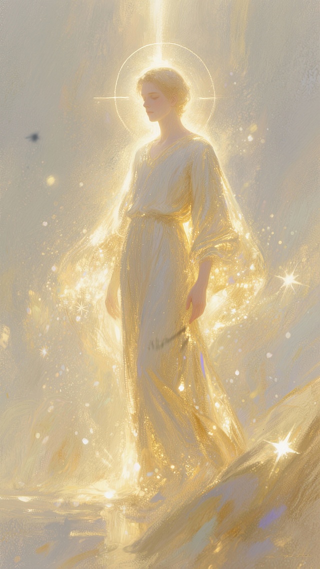 鎏金光晕环绕圣洁身影，插画风与厚涂技法交织，粒子闪烁如星尘，油画质感渲染神圣梦幻，柔光氤氲中尽显优雅唯美感。