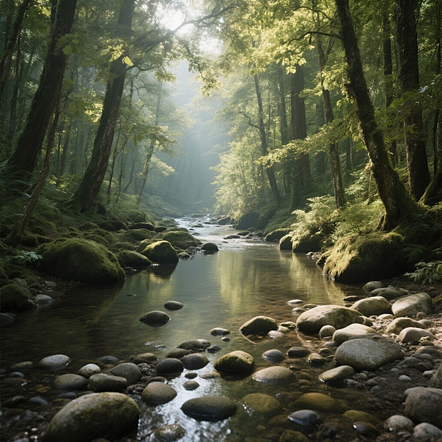 写实摄影风格自然风景，森林溪流，茂密的原始森林中，一条清澈的溪流蜿蜒而过，溪底铺满圆润的鹅卵石，两岸树木枝繁叶茂，阳光透过叶隙洒下碎金