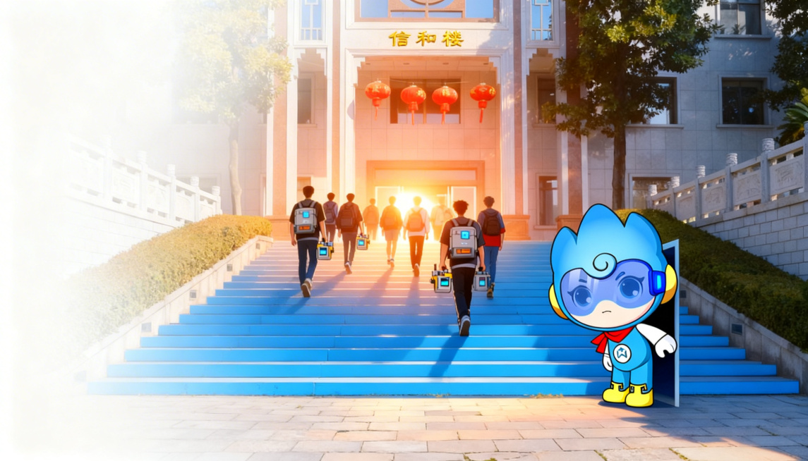 保留台阶，恢复背景中信和楼建筑，保留参考图中吉祥物探出半个身子偷看的效果，参考合照中数字建造选手的人数和外形，年轻人背着智能化数字建造工具一起沿着台阶向上走，逆光，暖朝霞从身后照来，画面温暖有希望感，预览效果