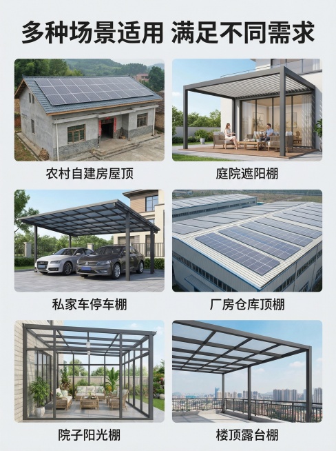 淘宝详情页多场景应用展示，六宫格网格排版，展示六个不同使用场景：1.农村自建房屋顶 2.庭院遮阳棚 3.私家车停车棚 4.厂房仓库顶棚 5.院子阳光棚 6.楼顶露台棚，每个格子放对应场景实景效果图，下预览效果