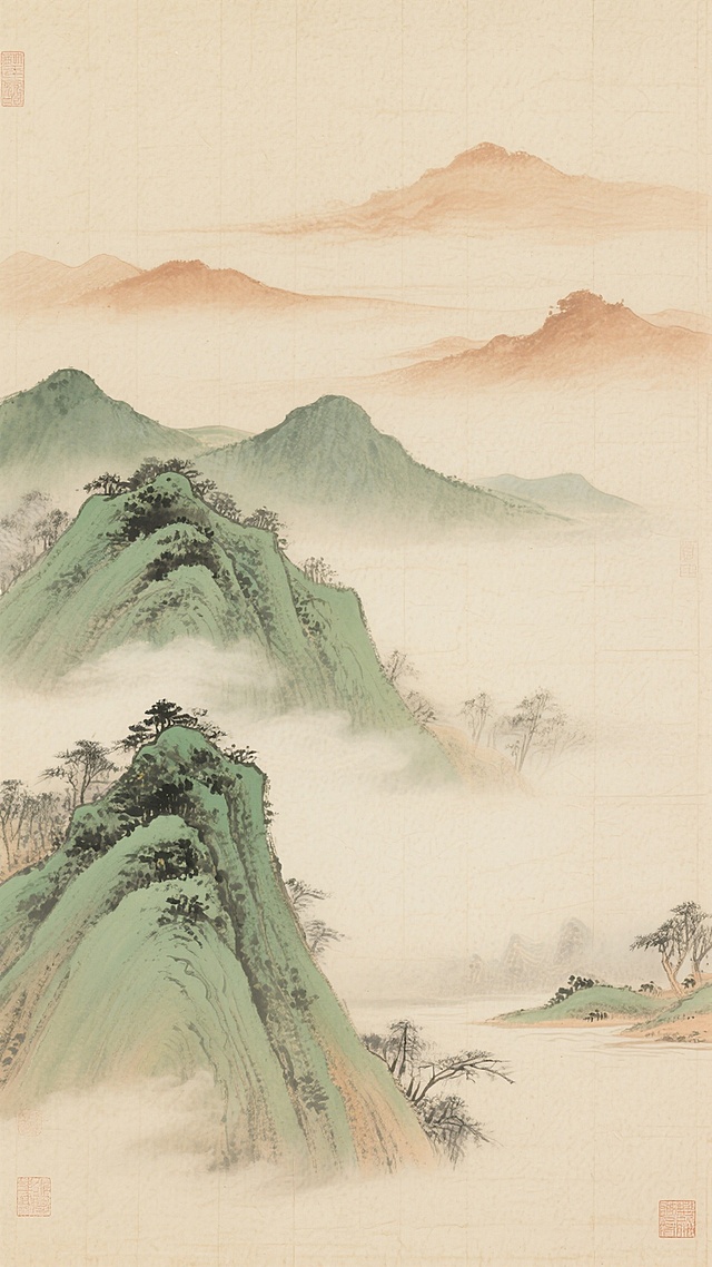 中国传统水墨风格山水背景，米黄色宣纸纹理底，浅赭石色云雾缭绕，淡墨与翠绿渲染的层叠山峦，远山朦胧近山苍郁，山间云雾轻盈飘逸，整体色调淡雅和谐，营造宁静悠远、禅意十足的东方意境，水墨笔触柔和晕染自然，构图采用垂直式深远山水布局，留白恰到好处，尽显古朴雅致的中式美学。