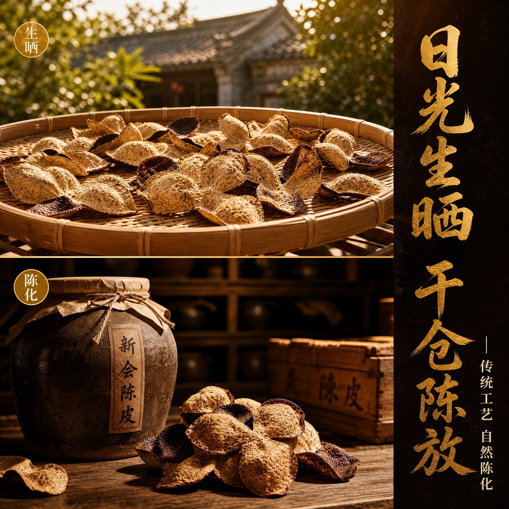 [主图-2] 新会陈皮工艺图，核心任务：展示日光生晒干仓陈放的… - 图片创意预览