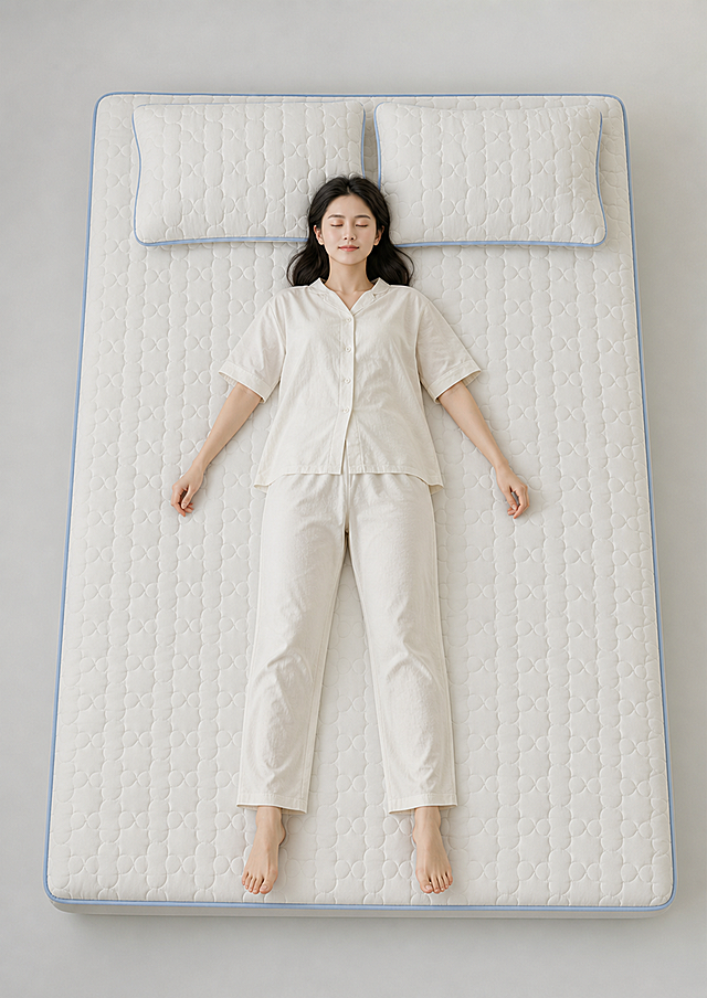用图一的白色夹棉床垫生成类似图二的效果：一位年轻女生穿着浅色家居服（米白色短袖+长裤），平躺在白色床垫上，呈大字型放松姿势，双手自然放在身体两侧，闭眼，表情安详舒适，展示床垫的支撑和承托效果。床垫是图一的白色绗缝花朵图案，带浅蓝色包边。视角为俯视角度，从上往下拍，能完整看到女生全身和床垫。去掉所有文字和箭头标注。柔和均匀的光线，商业产品摄影风格，高清写实，画面干净高级。
