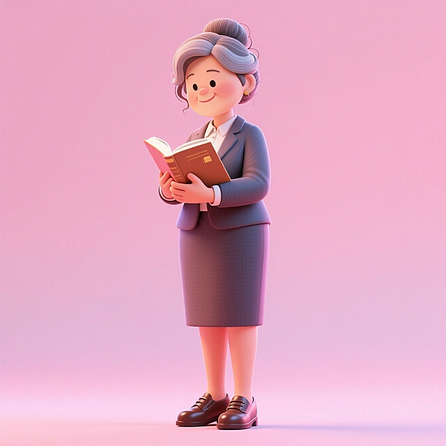 中年女教师（抱着一本书，穿着皮鞋），全身，元素完整。浅粉色渐变背景