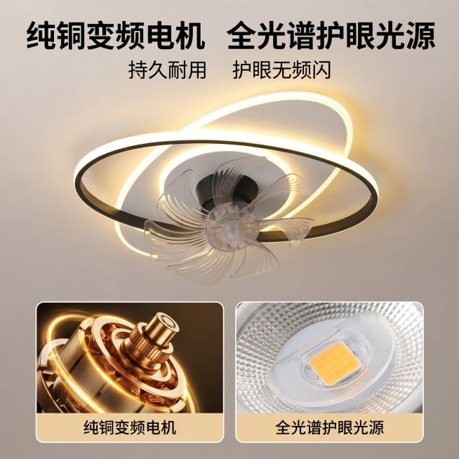 [主图3] 吸顶风扇灯电机与光源细节展示图；[氛围风格] 温馨舒适现代风，高端细节质感展示；[画质] 商业微距摄影质感，细节清晰锐利，光线通透高级；[元素] 采用画中画构图，主画面展示完整风扇灯产品，预览效果