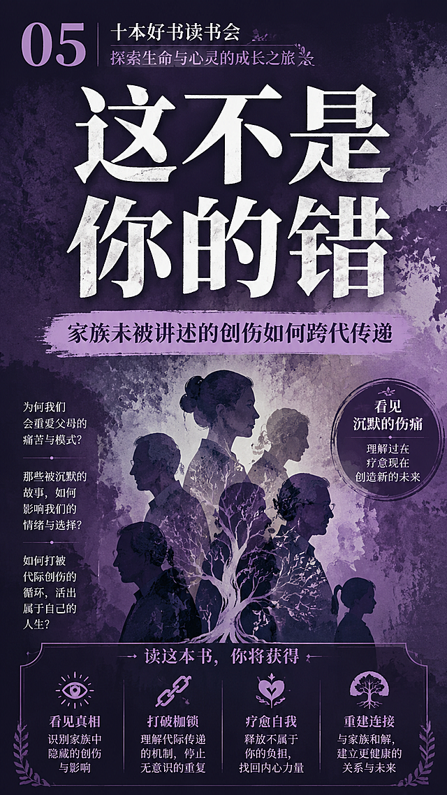 读书会主题大字报海报，竖版9:16，灰紫色深沉色调，呼应《这不是你的错》封面风格。画面中央超大号主标题"这不是你的错"，下方醒目副标题"家族未被讲述的创伤如何跨代传递"。左上角标注"05"编号。背景为灰紫色渐变，有层叠的人影轮廓或家族树的抽象图形，象征代际传递。文字为白色和淡紫色，大字醒目，深沉有力量。不放地址、时间、报名方式、二维码。画面中所有信息区域必须填充完整合理的内容，不得出现空白框、空白占位、横线待填写区域。